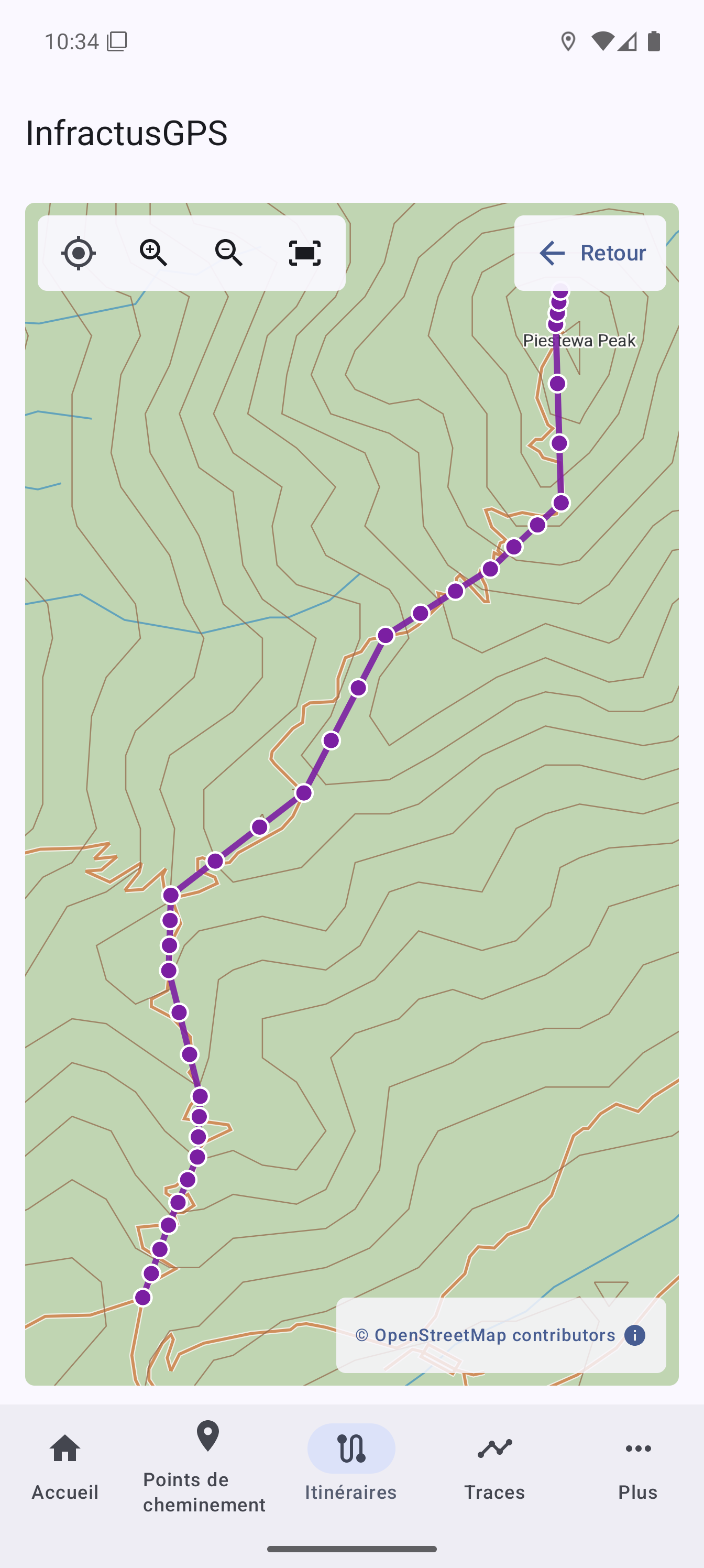 Itinéraire enregistré affiché sur une carte hors ligne