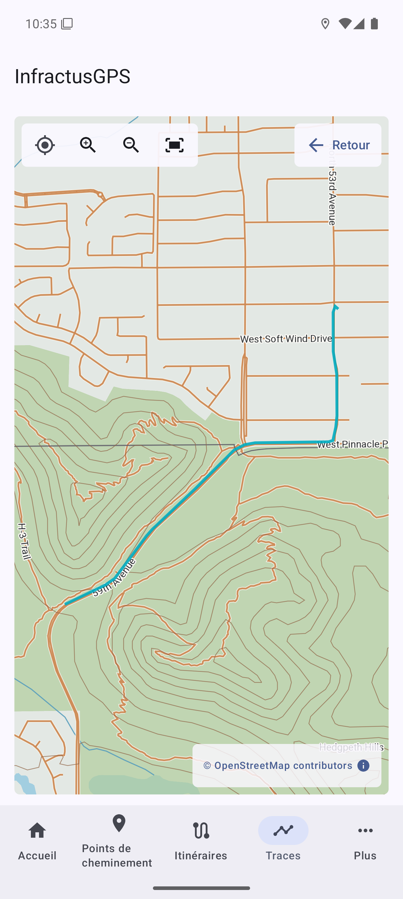 Trace enregistrée affichée sur une carte hors ligne